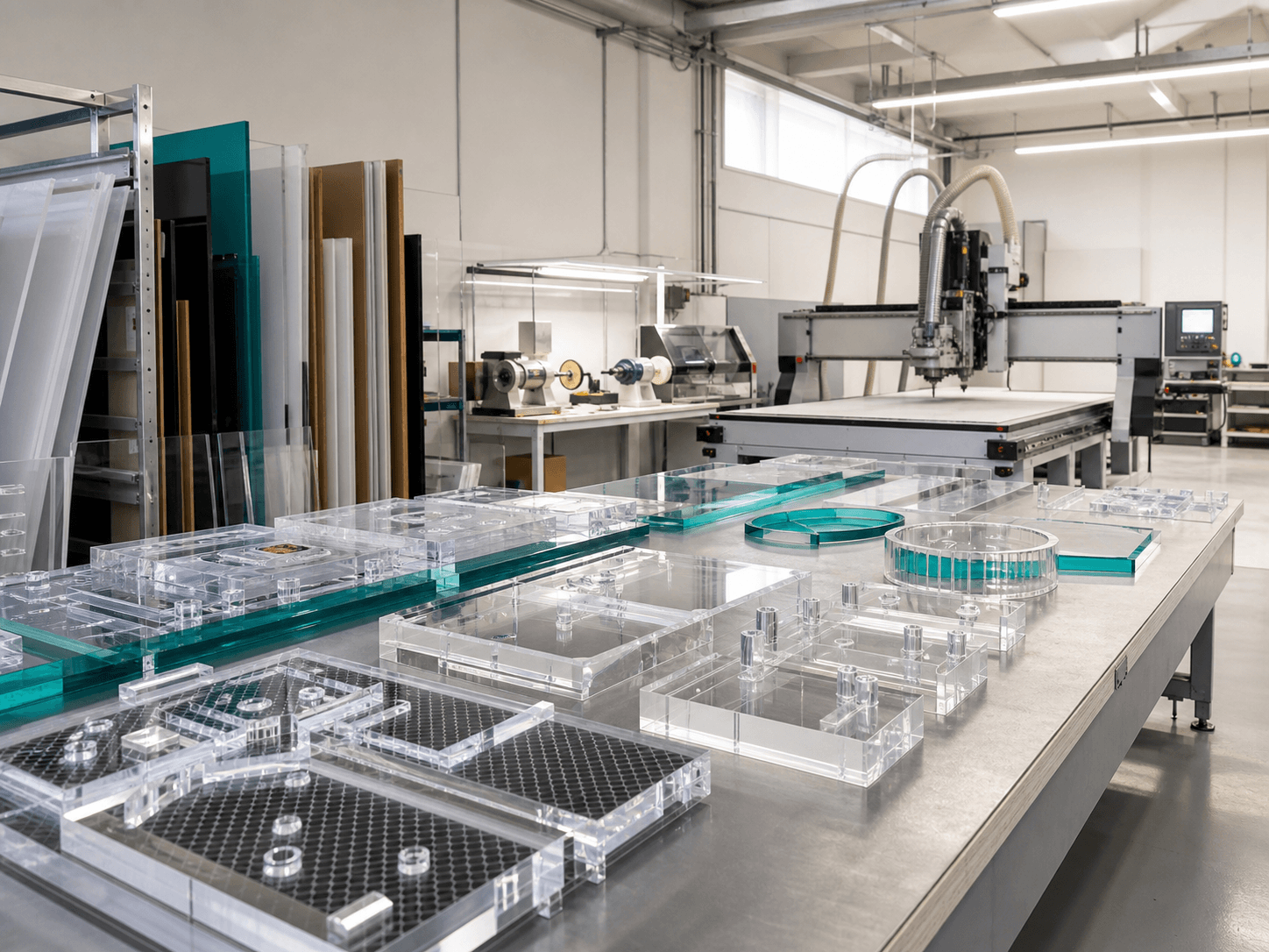 Precision-cut acrylic components arranged in a modern fabrication workshop.